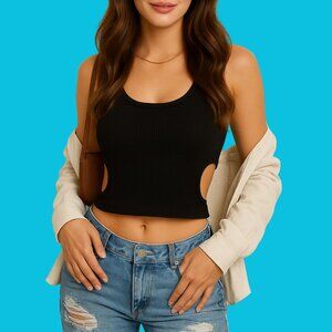 Zara Black Ribbed Cut-Out Crop Tank Top | Size S (EUR XS/S, US XS/S)